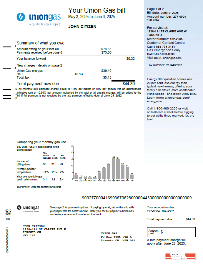 Canada Union Gas utility bill template in Word and PDF formats